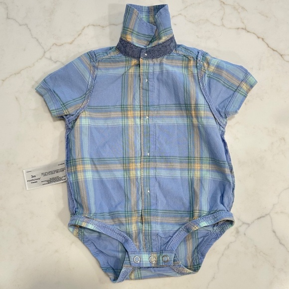 OshKosh B'gosh - 3M - Blue & Green Plaid Button Front Short Sleeve Bodysuit - Picture 4 of 4